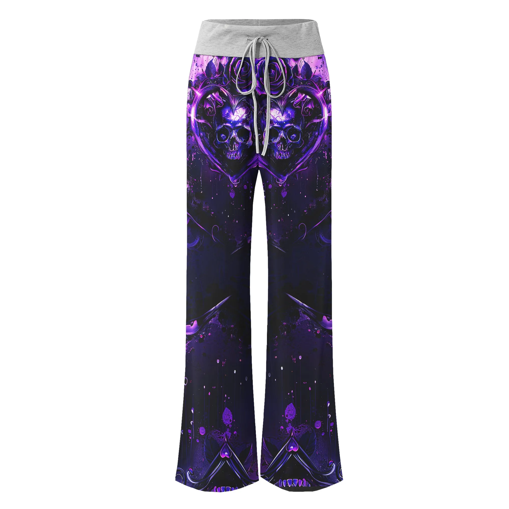Purple Skull Flower Gothic  Women's High-waisted Wide Leg Pants