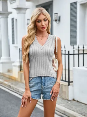Ribbed Solid Color V-Neck Top