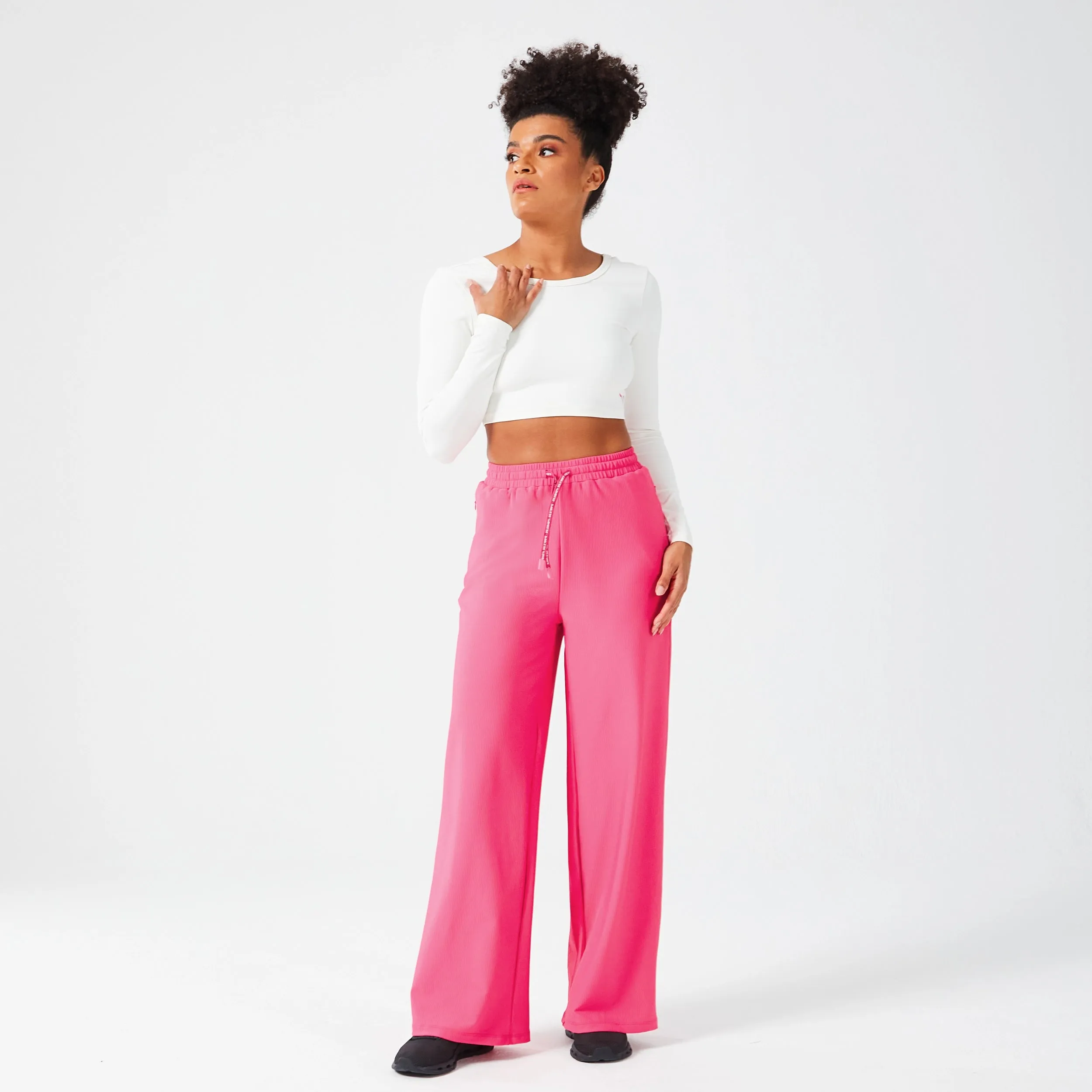 Ribbed Wide Leg Pants - Hot Pink