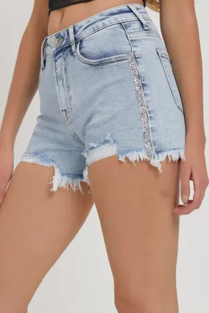 RISEN High Rise Rhinestone Strap Embellished Denim Shorts - Full Size
