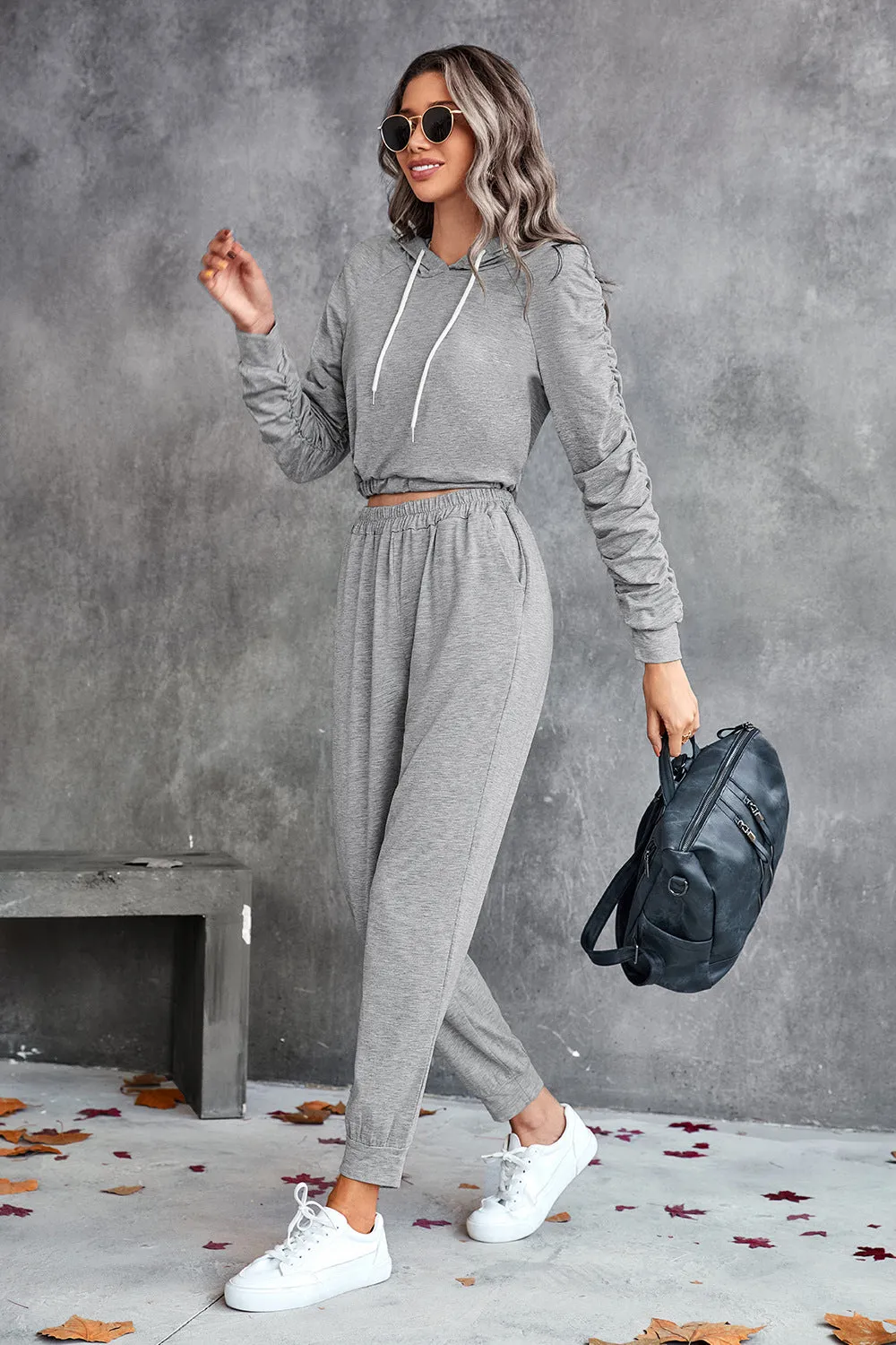 Ruched Raglan Sleeve Hoodie & Joggers Set