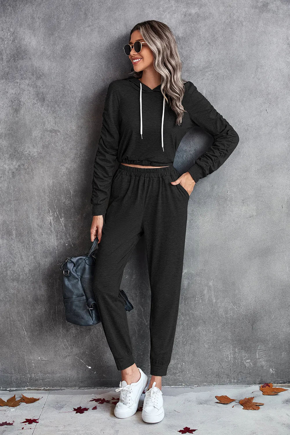 Ruched Raglan Sleeve Hoodie & Joggers Set