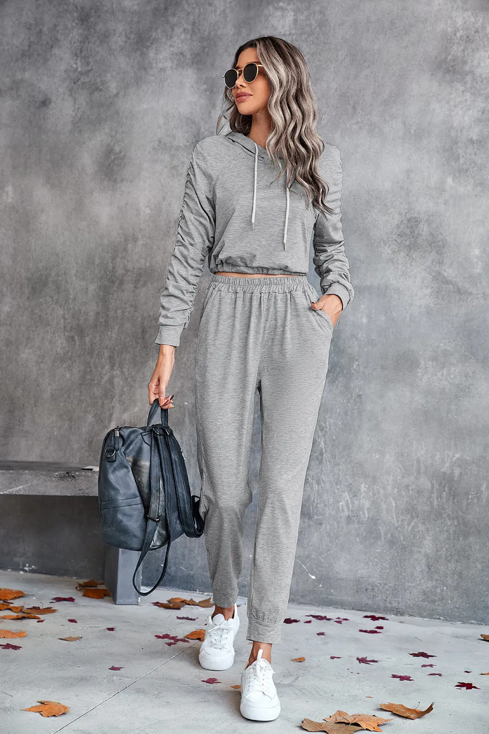 Ruched Raglan Sleeve Hoodie & Joggers Set