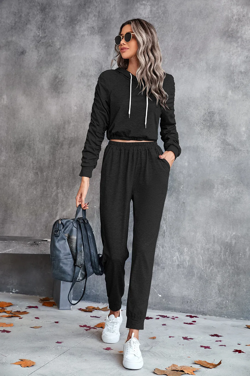 Ruched Raglan Sleeve Hoodie & Joggers Set