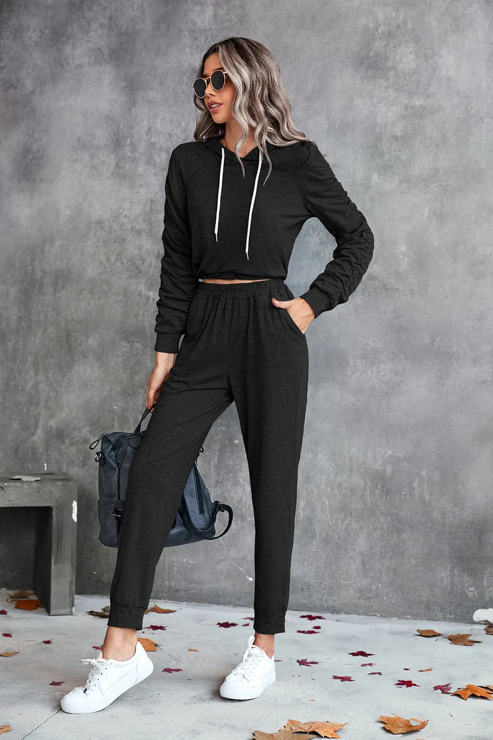 Ruched Raglan Sleeve Hoodie & Joggers Set