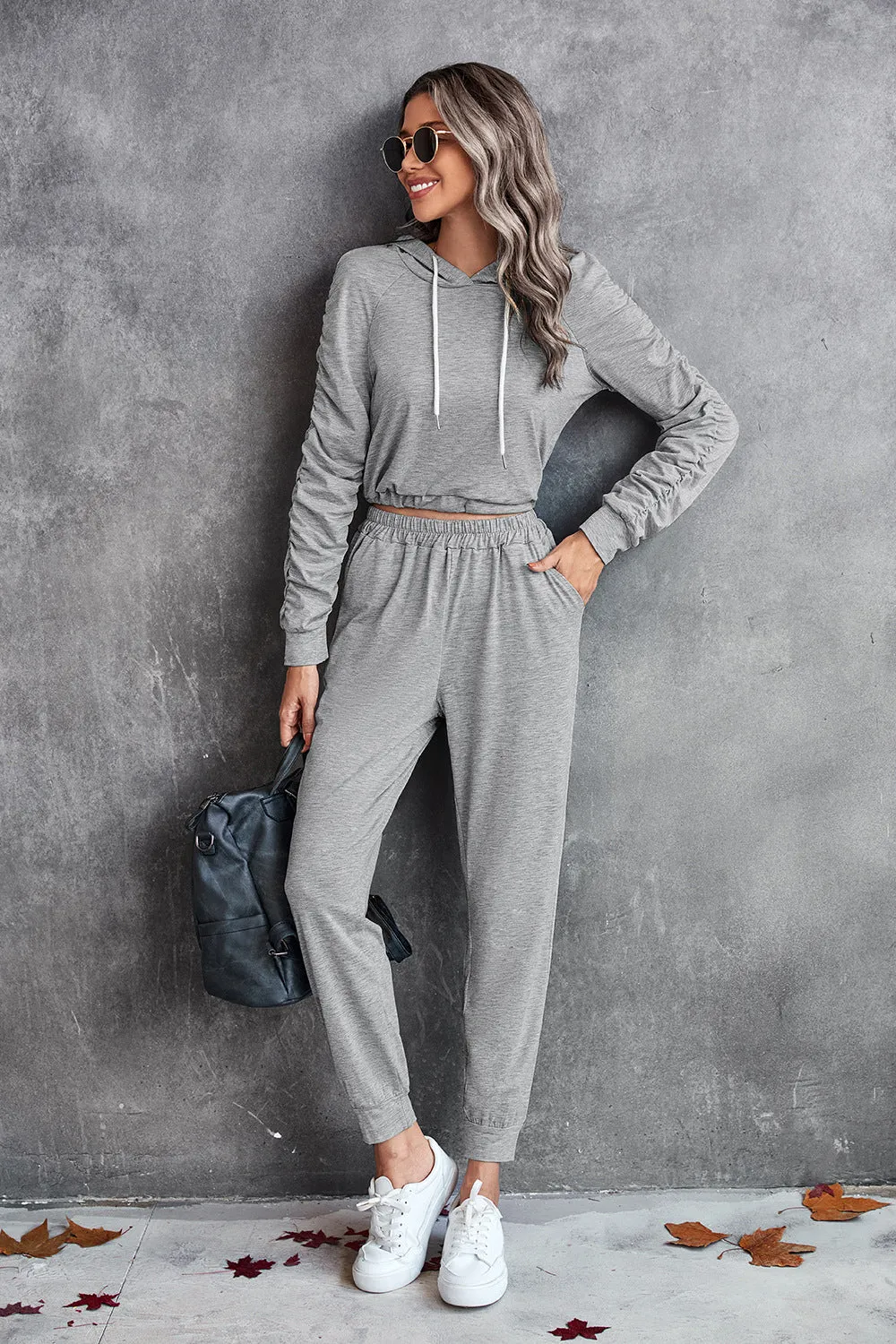 Ruched Raglan Sleeve Hoodie & Joggers Set