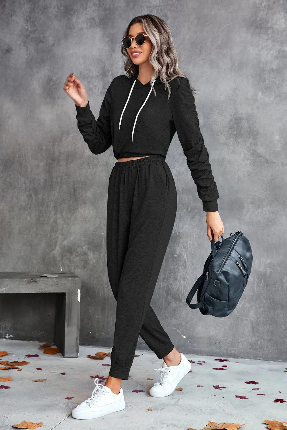 Ruched Raglan Sleeve Hoodie & Joggers Set