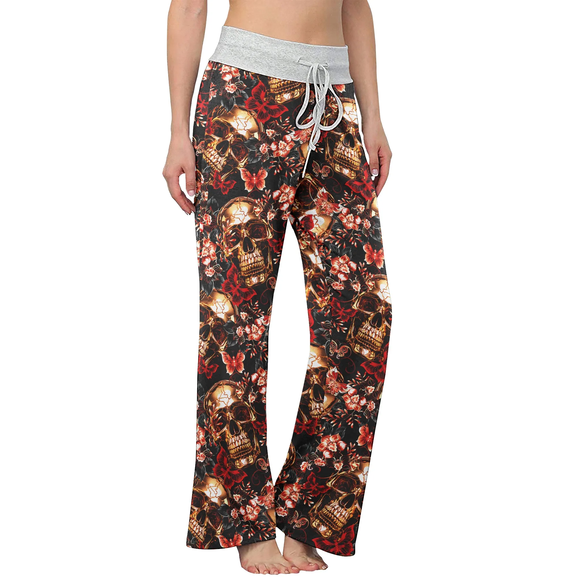 Skull Gold Abstract Art Women's High-waisted Wide Leg Pants