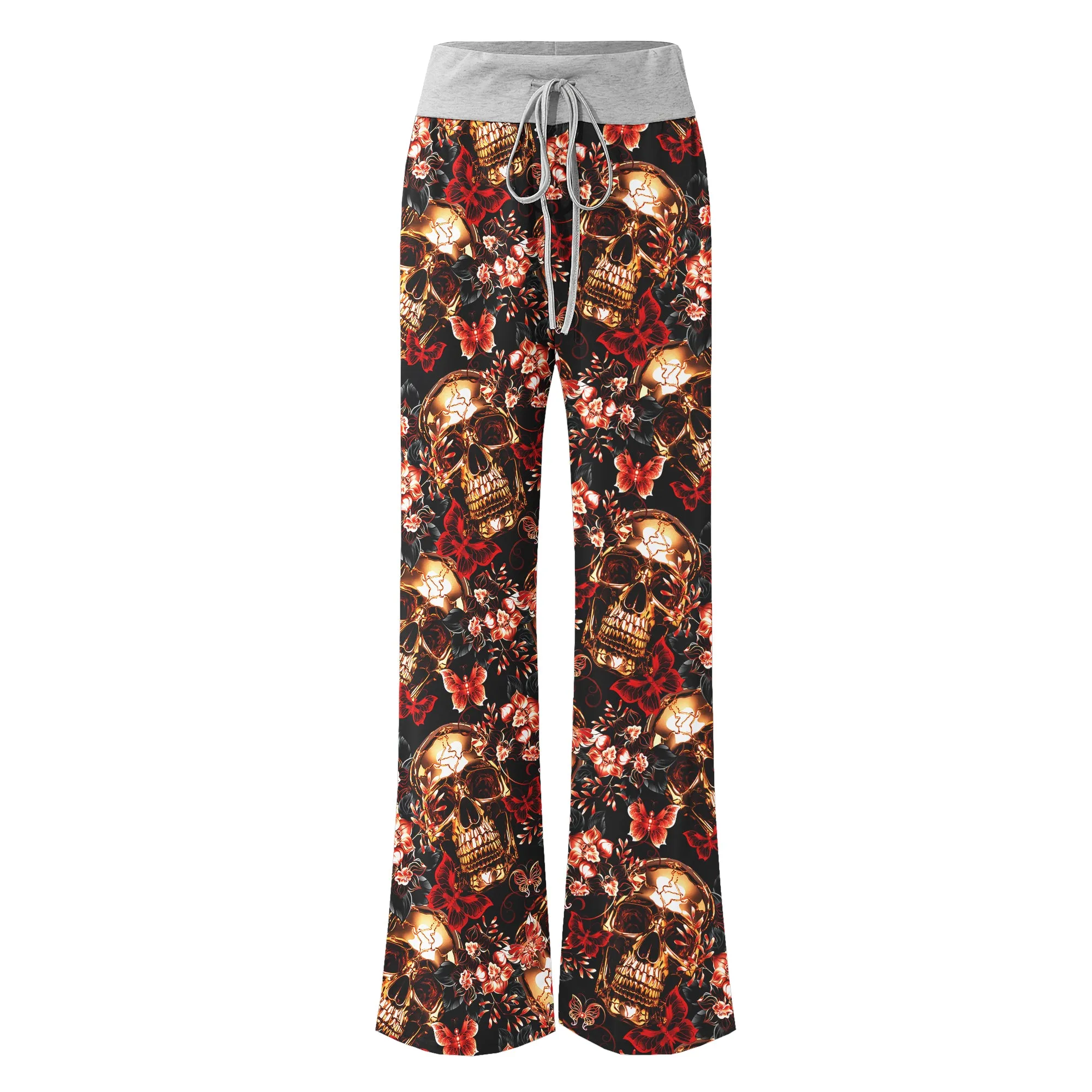 Skull Gold Abstract Art Women's High-waisted Wide Leg Pants