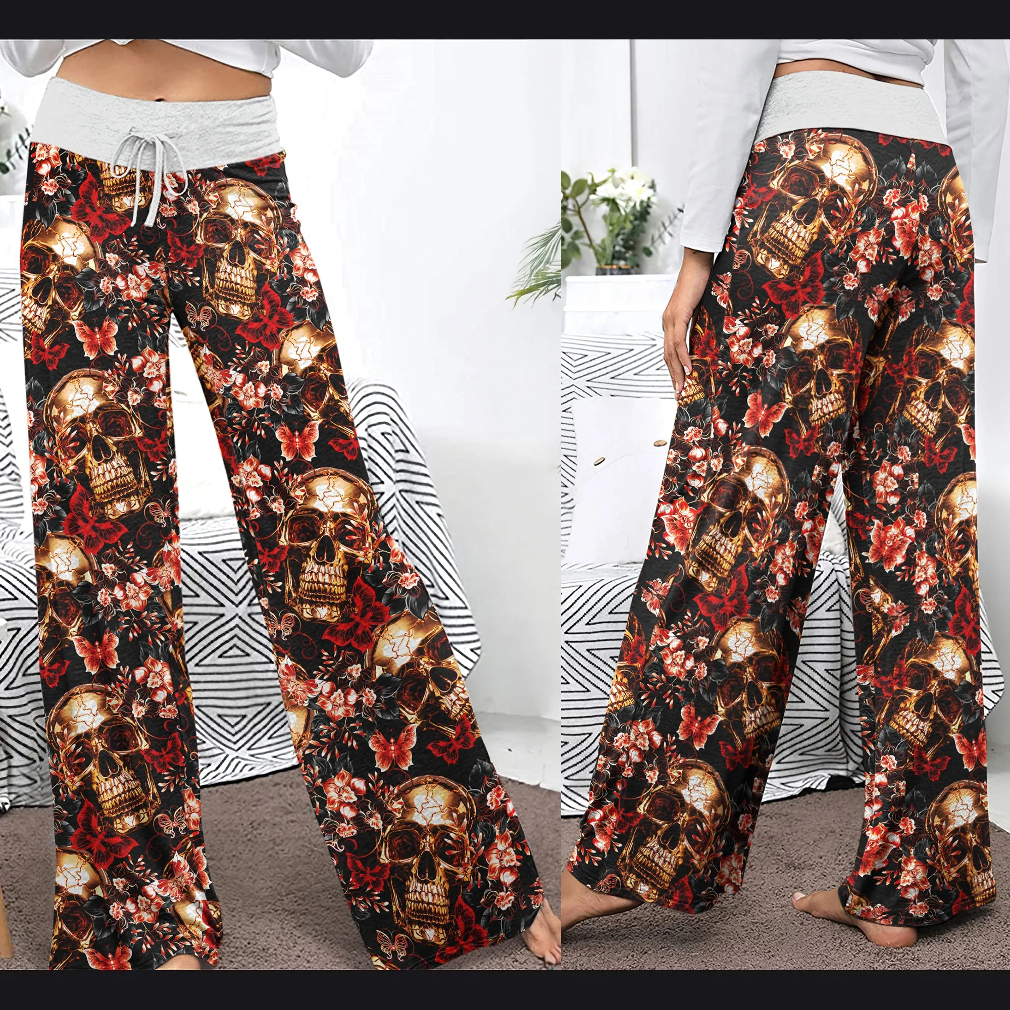 Skull Gold Abstract Art Women's High-waisted Wide Leg Pants