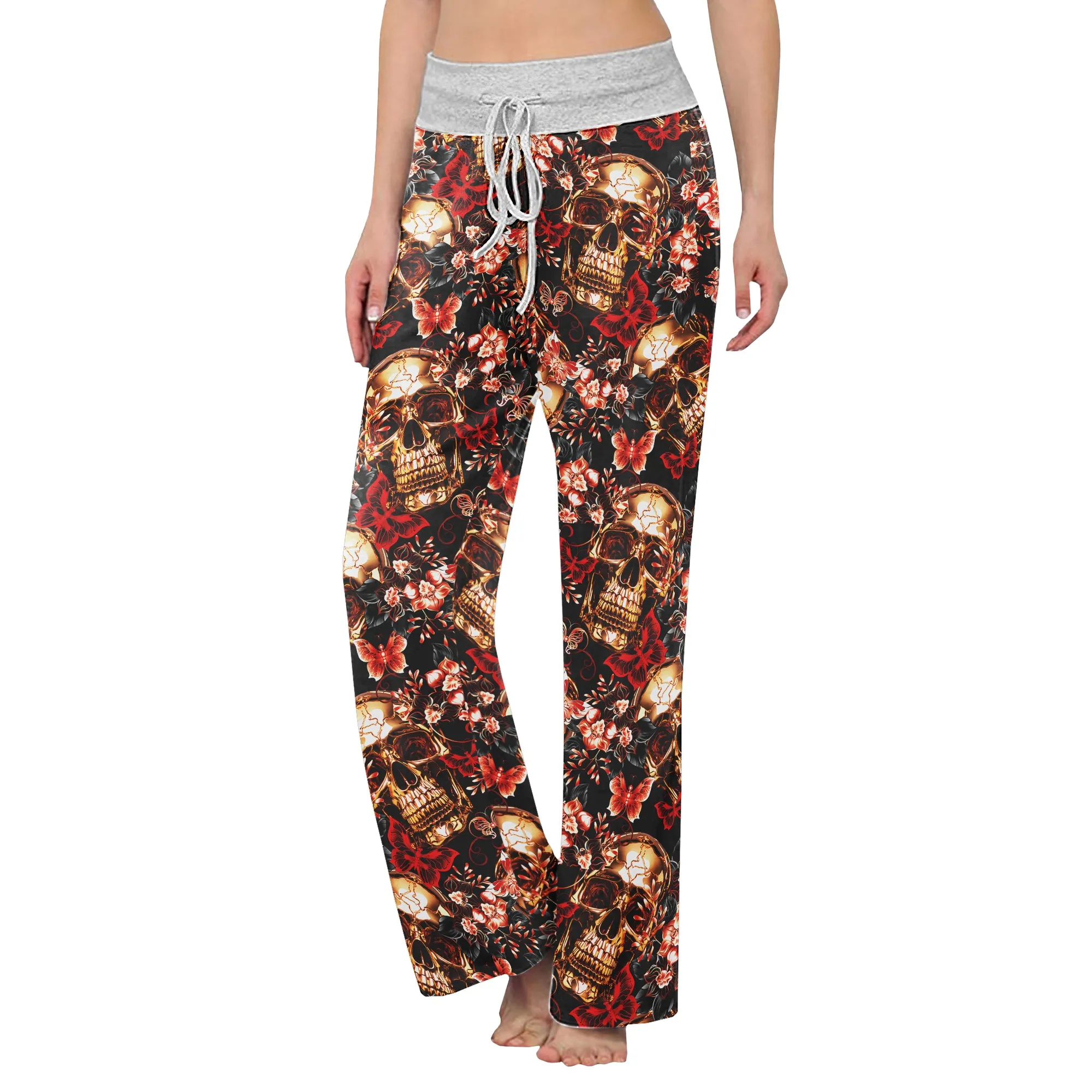 Skull Gold Abstract Art Women's High-waisted Wide Leg Pants