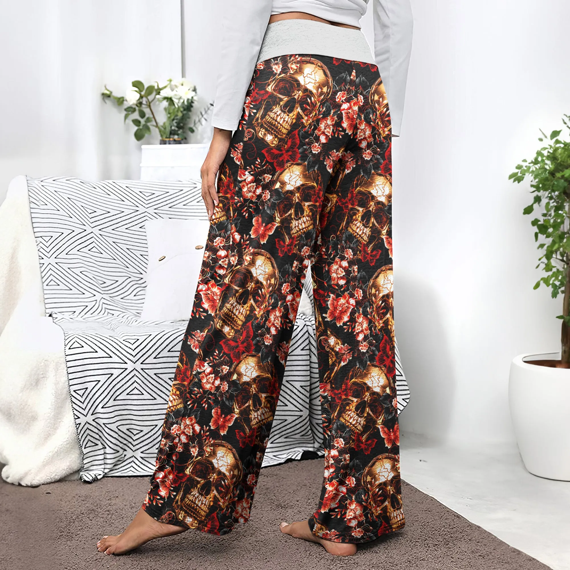 Skull Gold Abstract Art Women's High-waisted Wide Leg Pants