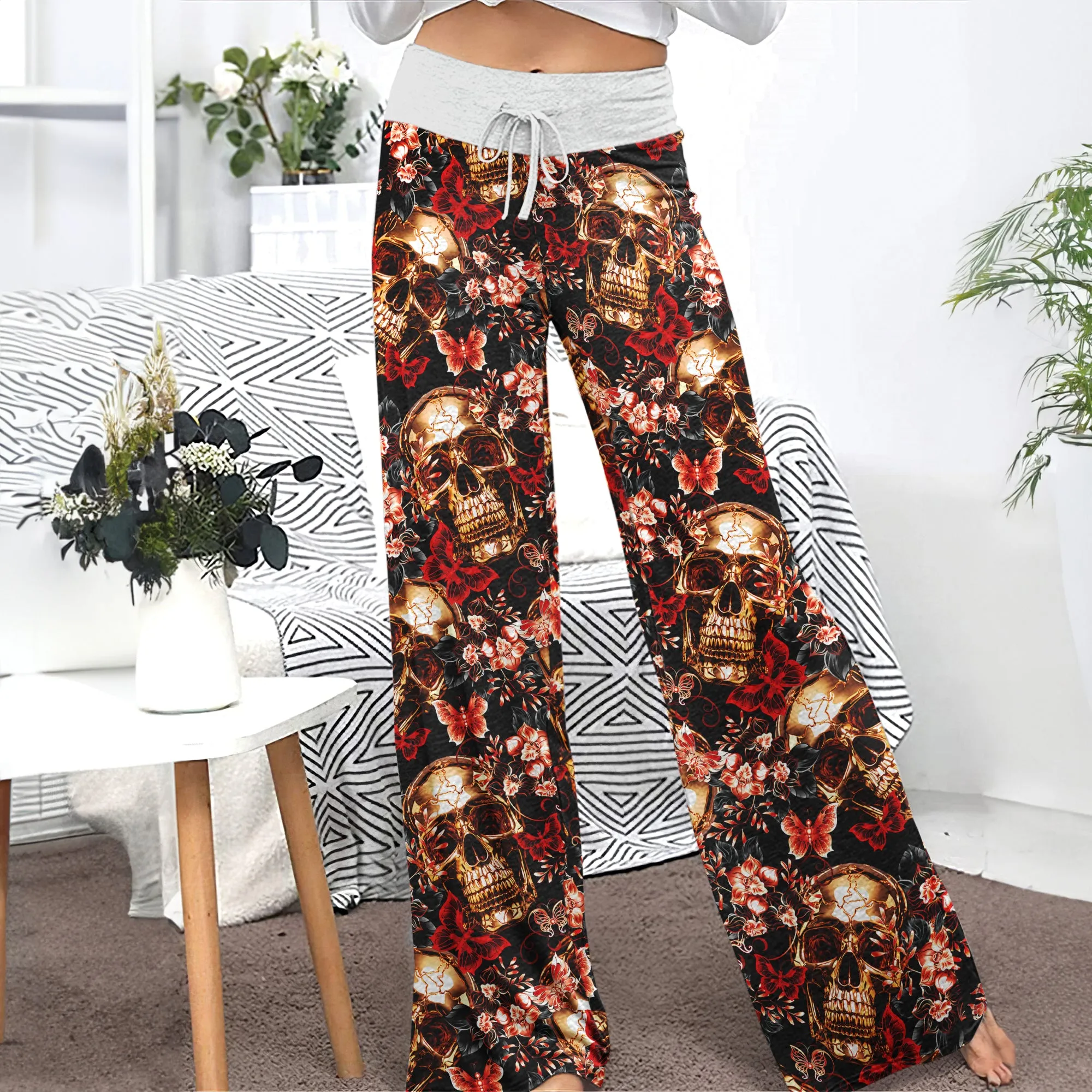 Skull Gold Abstract Art Women's High-waisted Wide Leg Pants