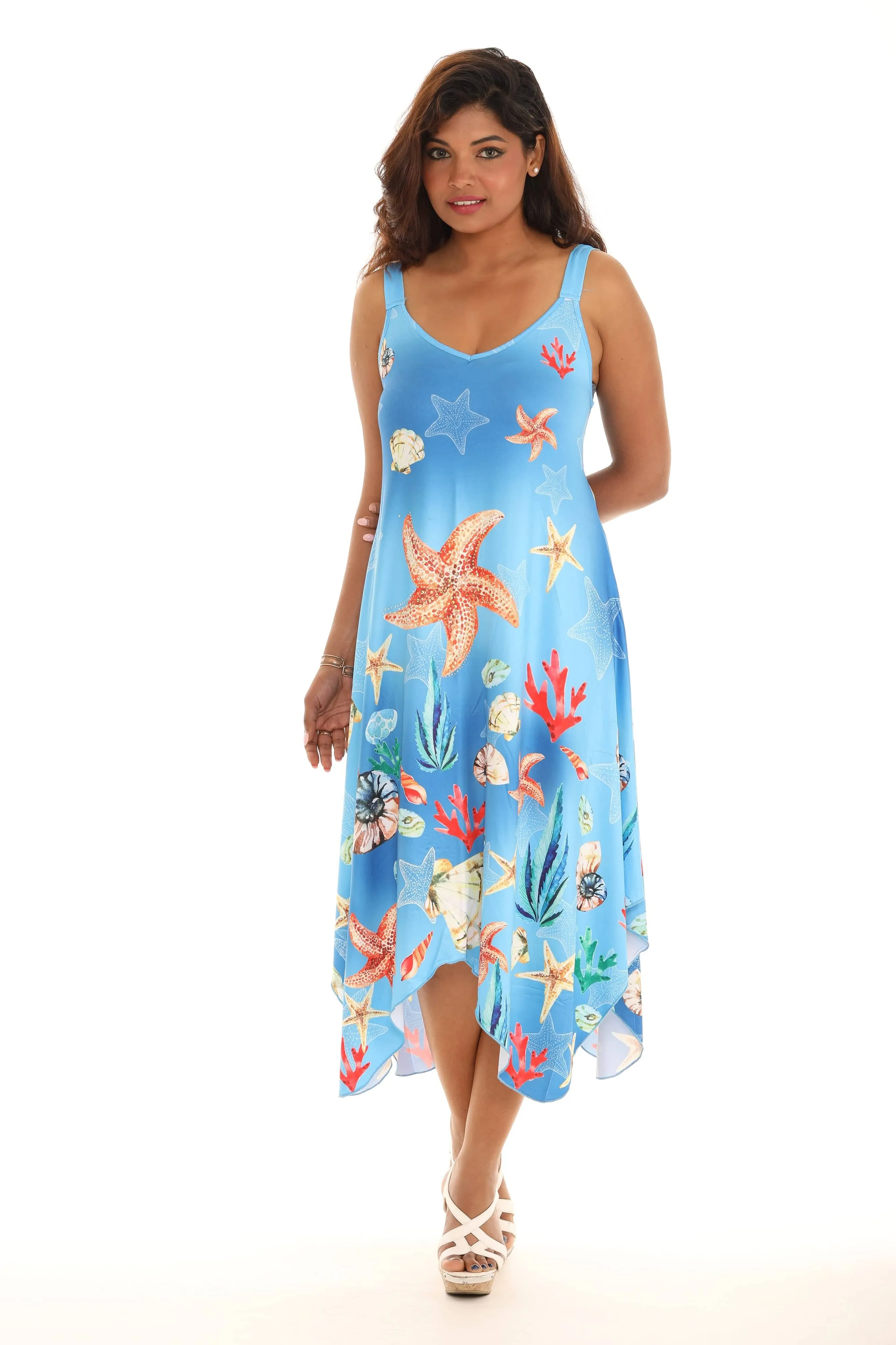 Sleeveless Ocean Print Midi Dress