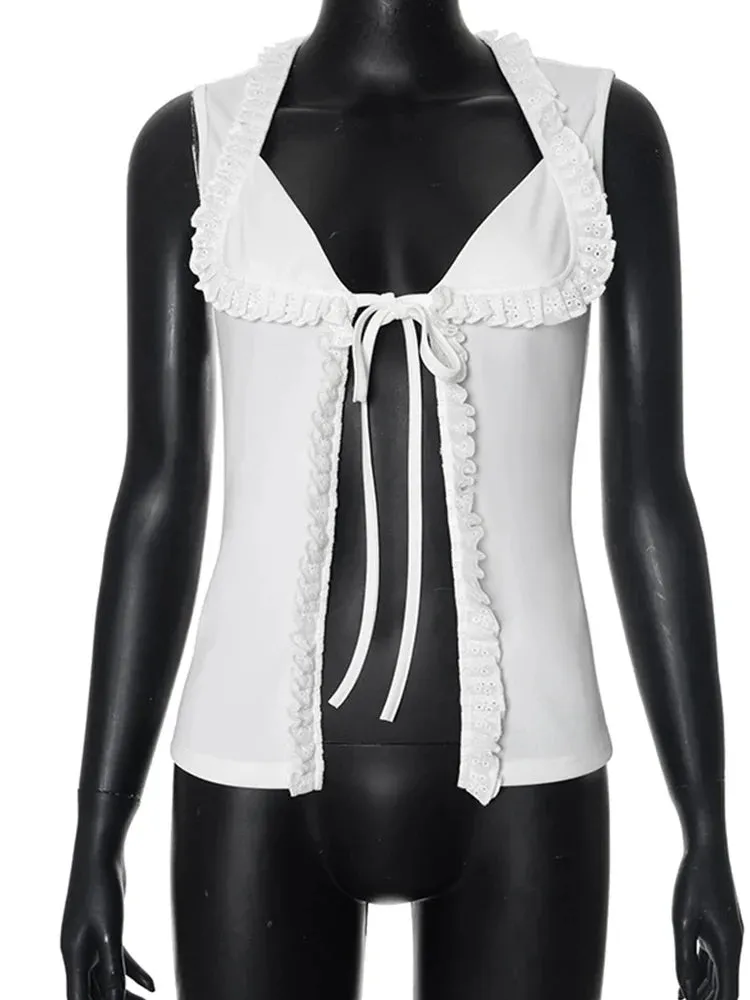 Slit Tie Up Charming Frill Crop Top