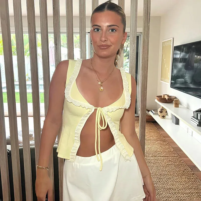 Slit Tie Up Charming Frill Crop Top