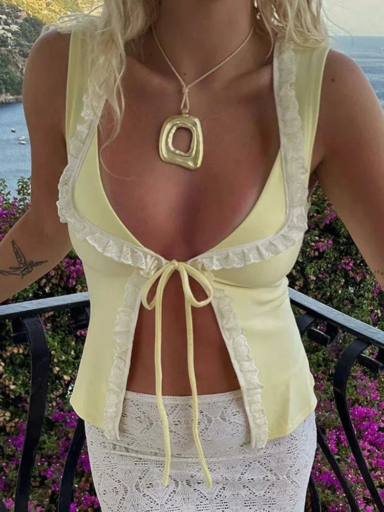 Slit Tie Up Charming Frill Crop Top