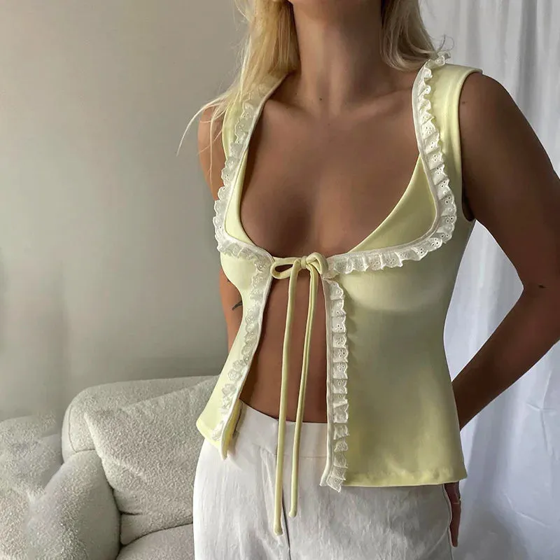 Slit Tie Up Charming Frill Crop Top