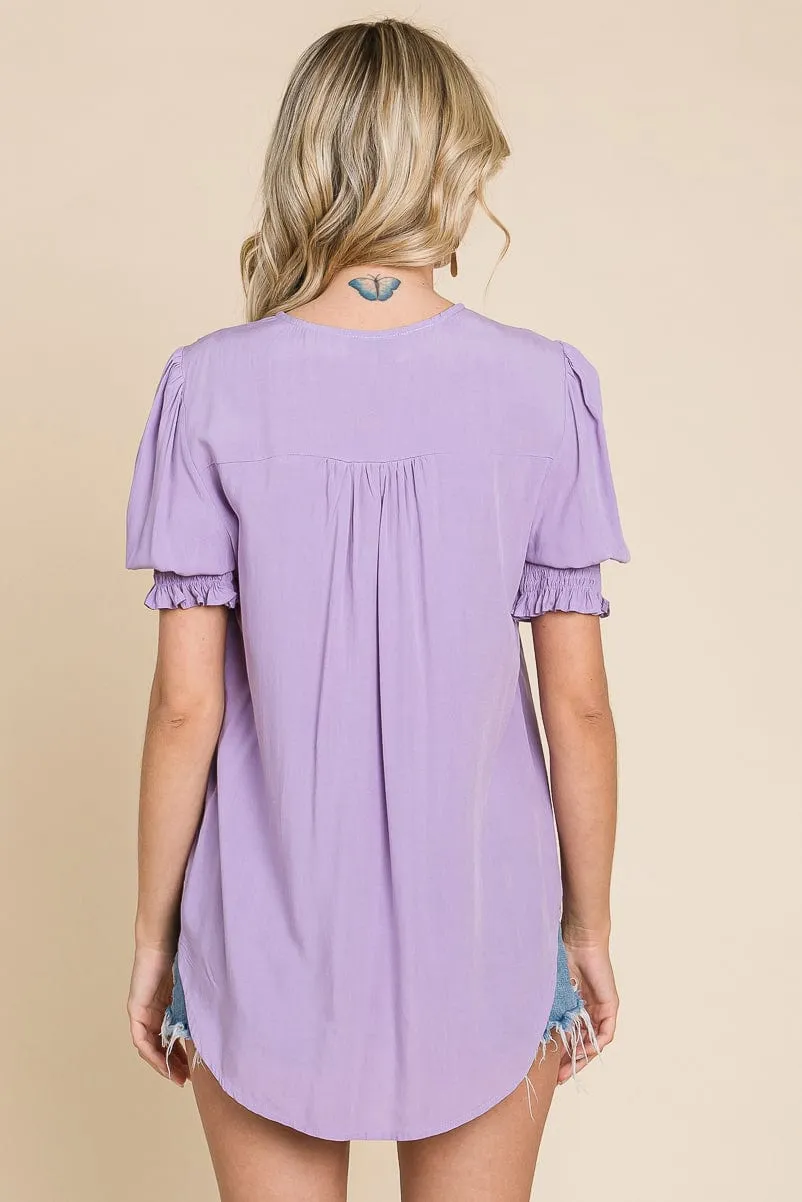 Smocked Sleeve V neck Button up Blouse