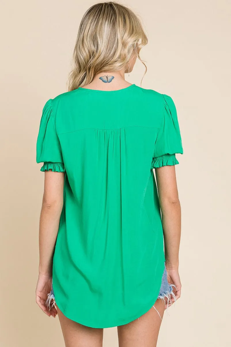 Smocked Sleeve V neck Button up Blouse
