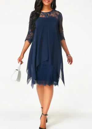 Three Quarter Sleeve Chiffon Overlay Navy Blue Lace Dress