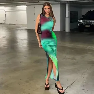 Trendy A-Line Split Tank Top for Women - Casual Printed Mid-Calf Dress for Spring/Summer