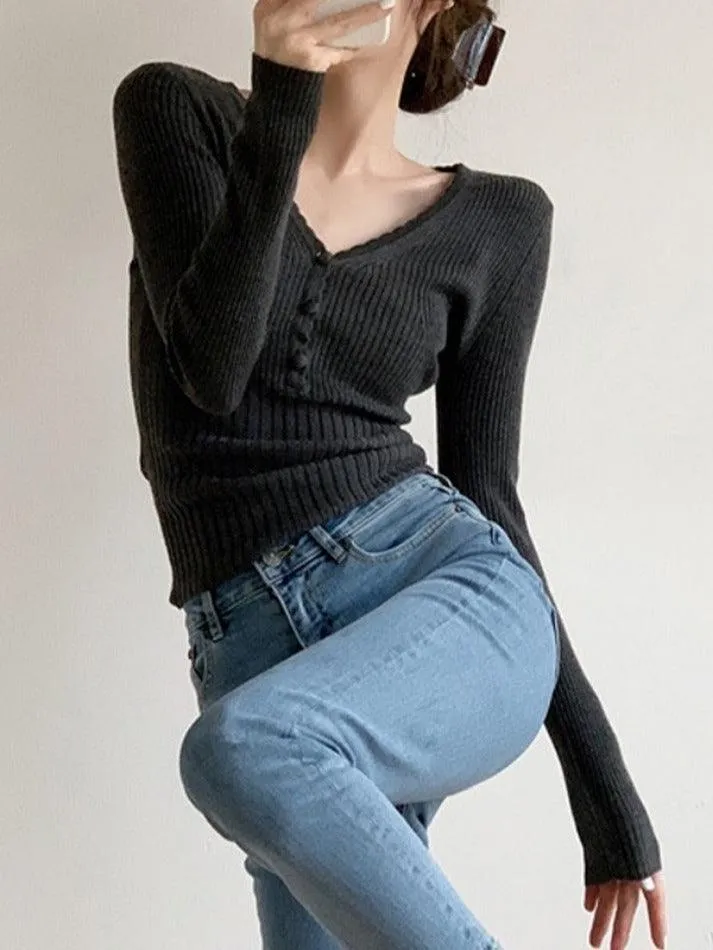 V Neck Button Up Ribbed Knit Top