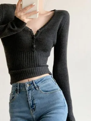 V Neck Button Up Ribbed Knit Top