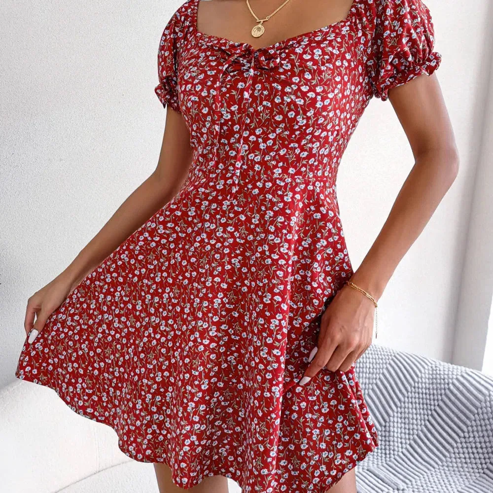 Women Casual Ruffles Short Sleeve Floral Print A Line Dress for Effortless Elegance