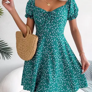 Women Casual Ruffles Short Sleeve Floral Print A Line Dress for Effortless Elegance