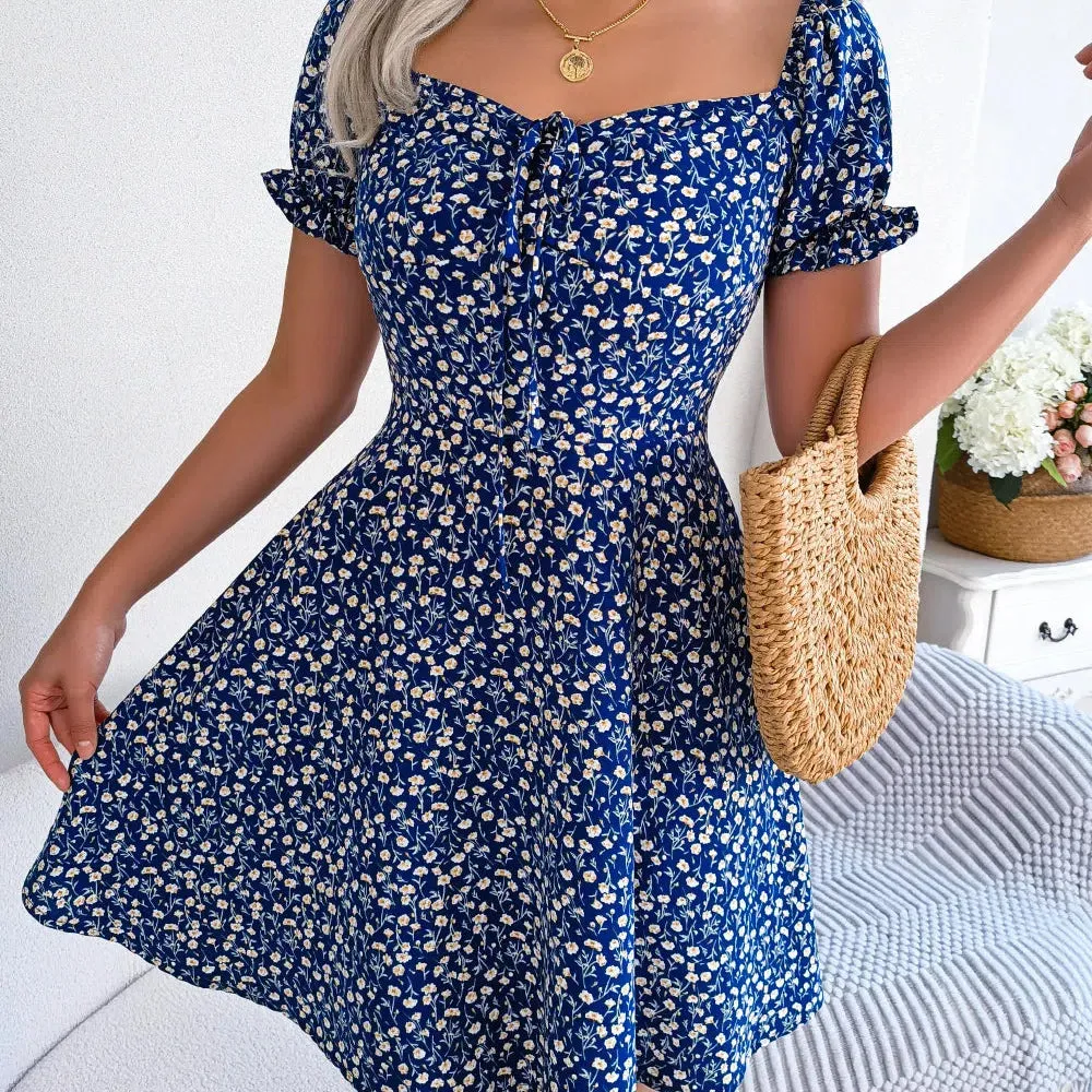 Women Casual Ruffles Short Sleeve Floral Print A Line Dress for Effortless Elegance