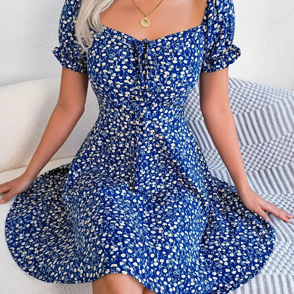 Women Casual Ruffles Short Sleeve Floral Print A Line Dress for Effortless Elegance
