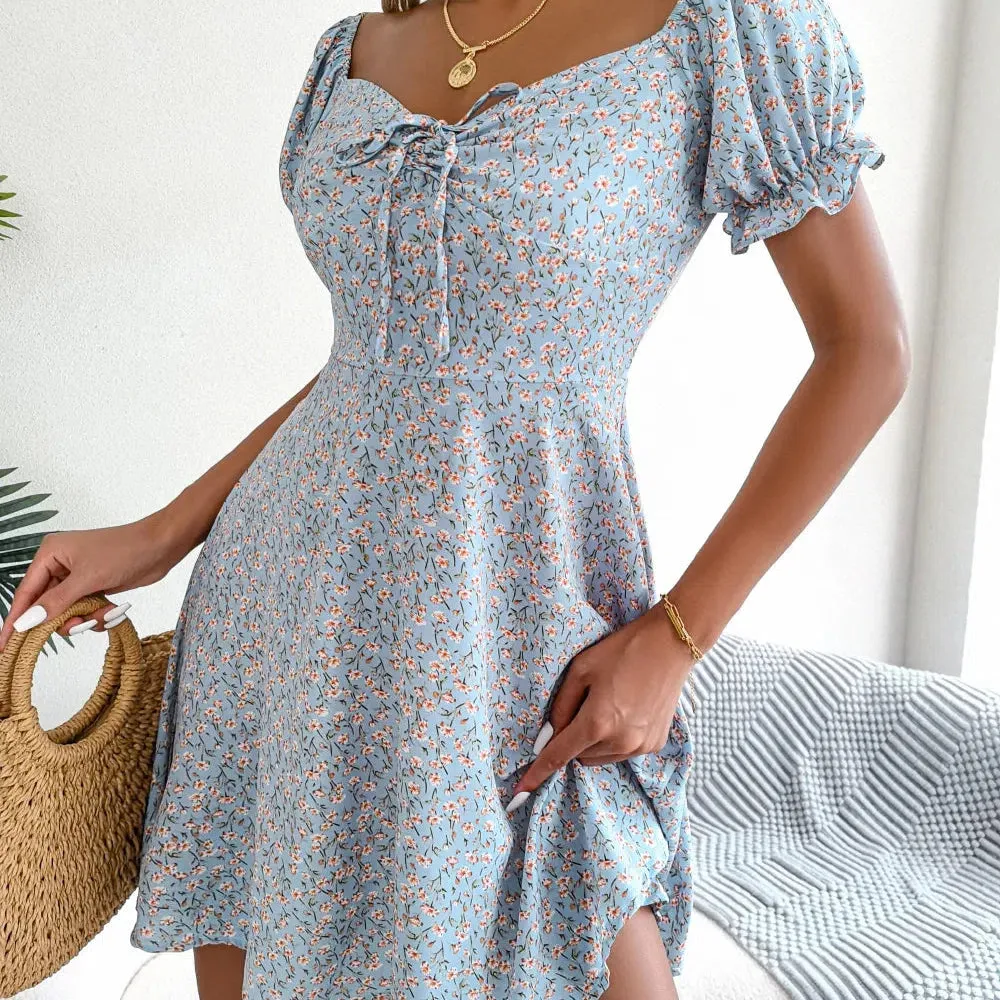 Women Casual Ruffles Short Sleeve Floral Print A Line Dress for Effortless Elegance