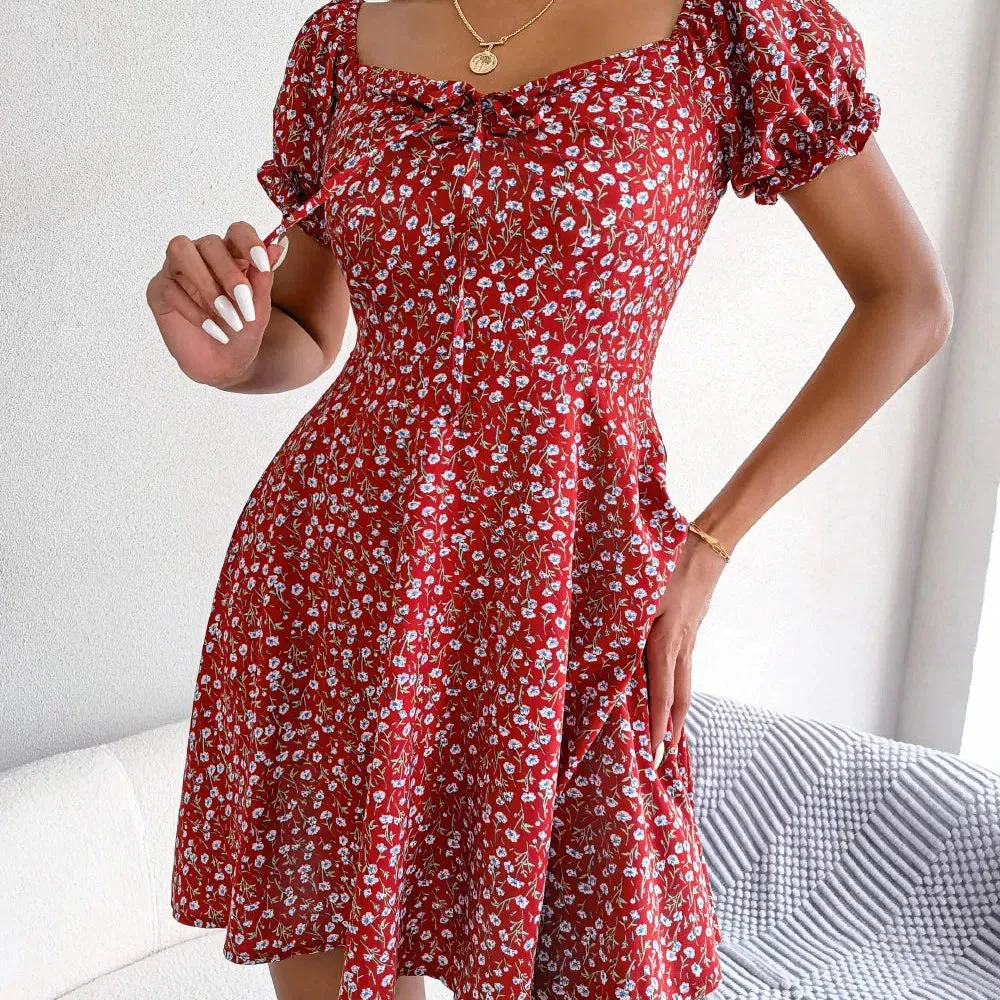 Women Casual Ruffles Short Sleeve Floral Print A Line Dress for Effortless Elegance