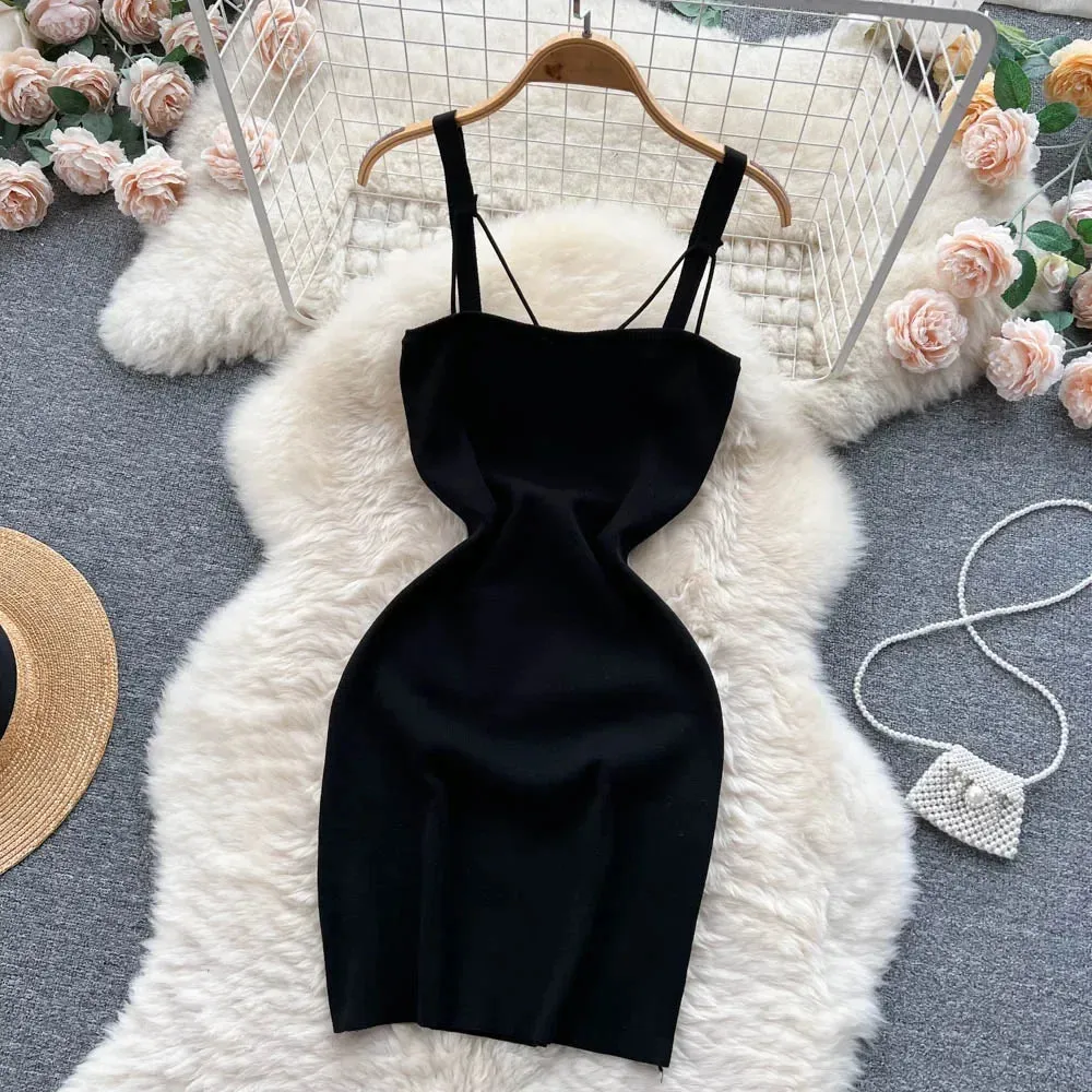 Women Knitted Dress Summer Strap Elastic Waist Backless Mini Sundress Sexy Streetwear Outfits
