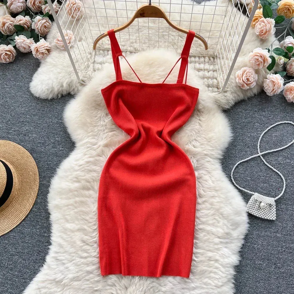 Women Knitted Dress Summer Strap Elastic Waist Backless Mini Sundress Sexy Streetwear Outfits