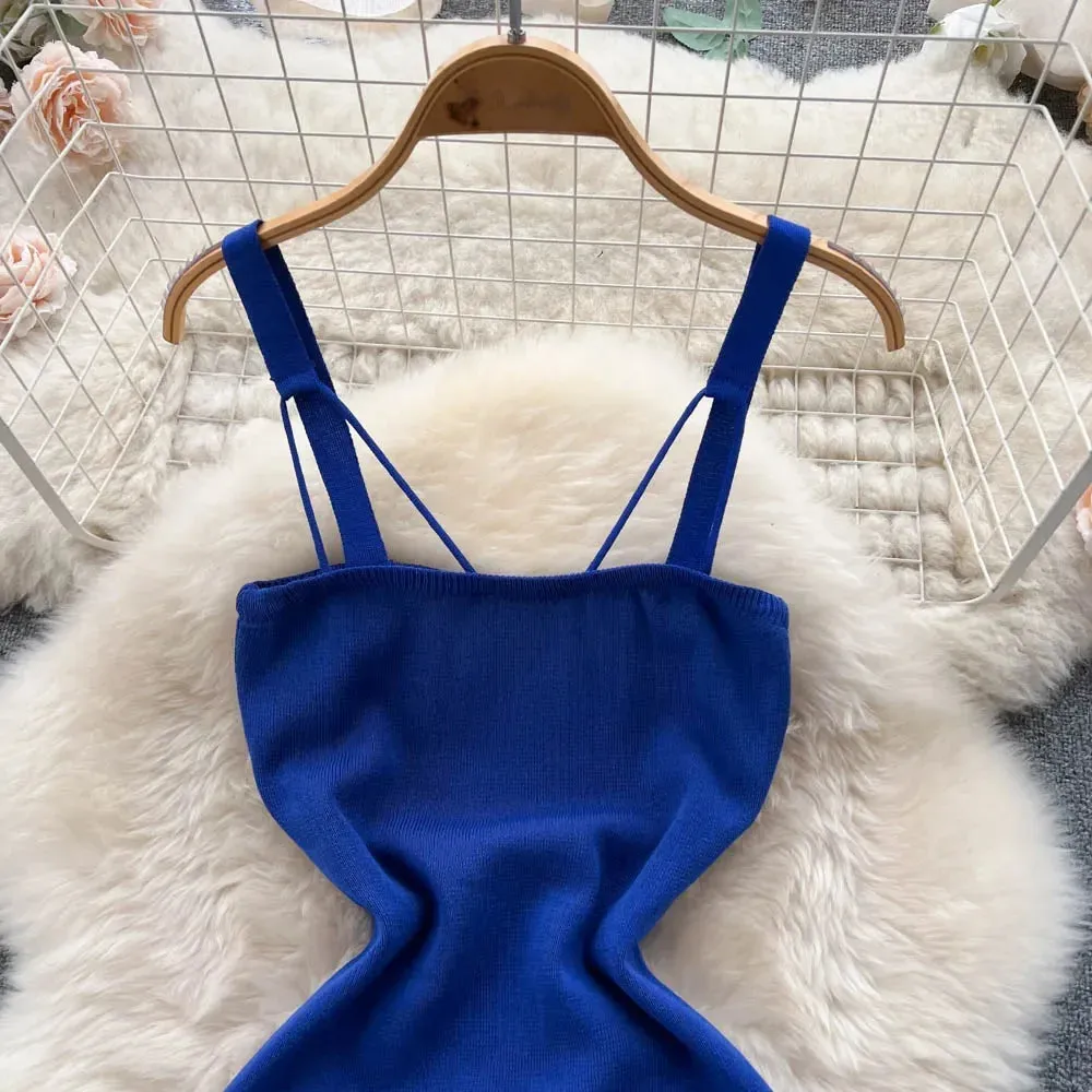 Women Knitted Dress Summer Strap Elastic Waist Backless Mini Sundress Sexy Streetwear Outfits