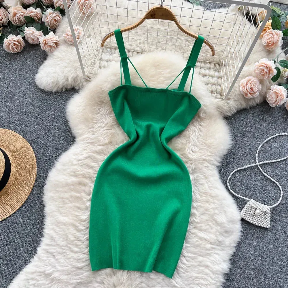 Women Knitted Dress Summer Strap Elastic Waist Backless Mini Sundress Sexy Streetwear Outfits