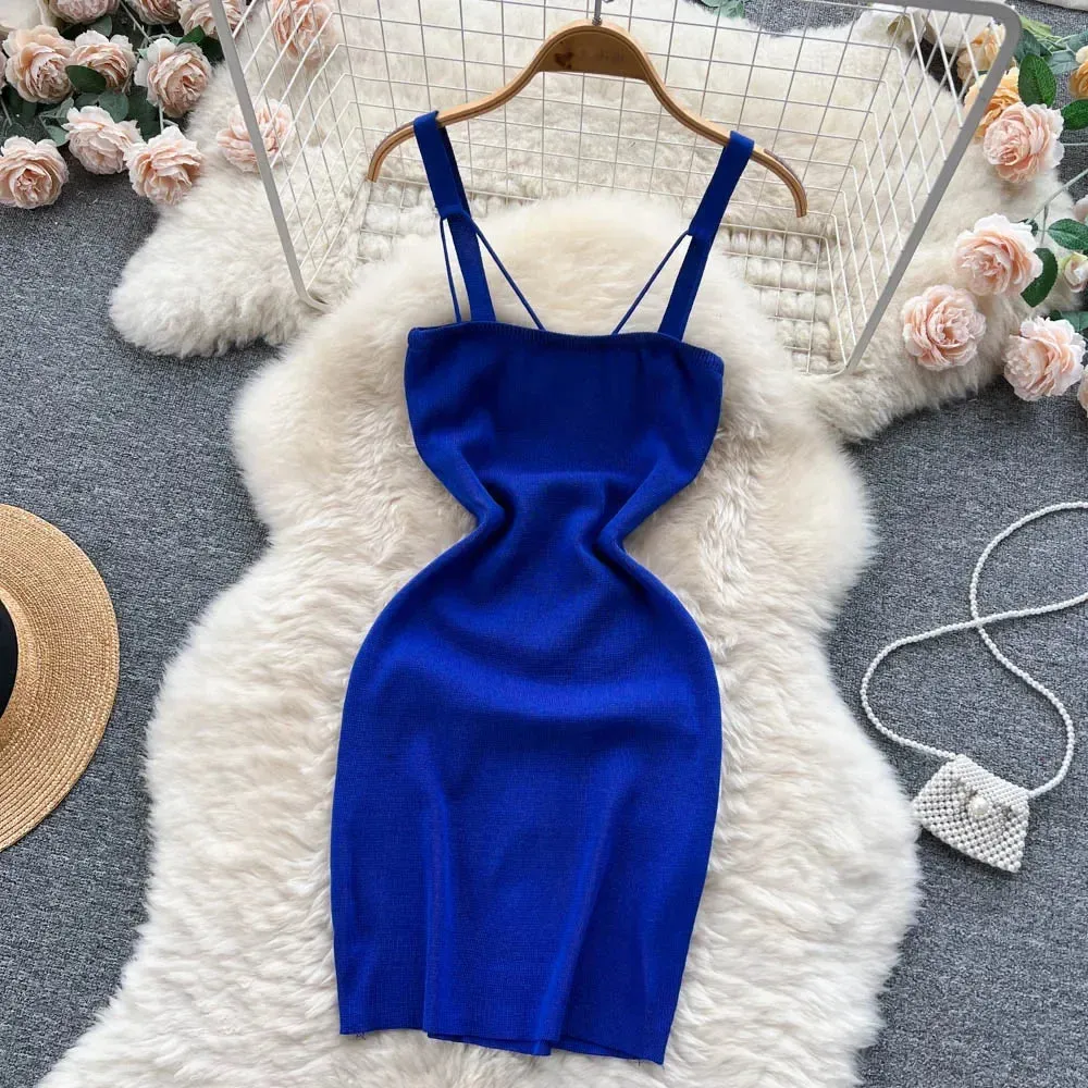 Women Knitted Dress Summer Strap Elastic Waist Backless Mini Sundress Sexy Streetwear Outfits