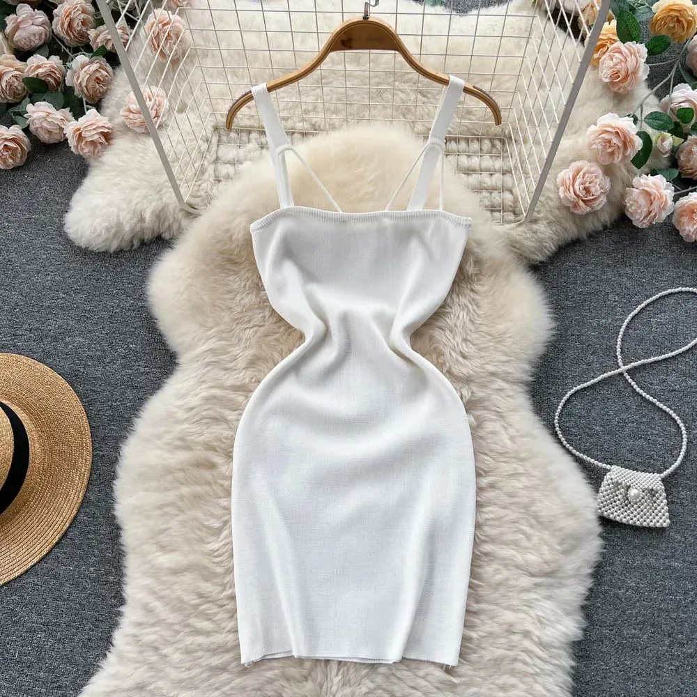Women Knitted Dress Summer Strap Elastic Waist Backless Mini Sundress Sexy Streetwear Outfits