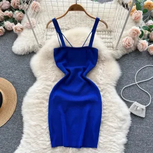 Women Knitted Dress Summer Strap Elastic Waist Backless Mini Sundress Sexy Streetwear Outfits
