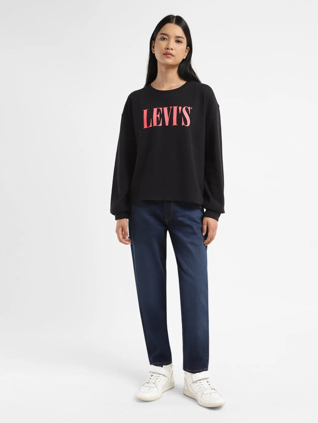 Women's Brand Logo Black Crew Neck Sweatshirt