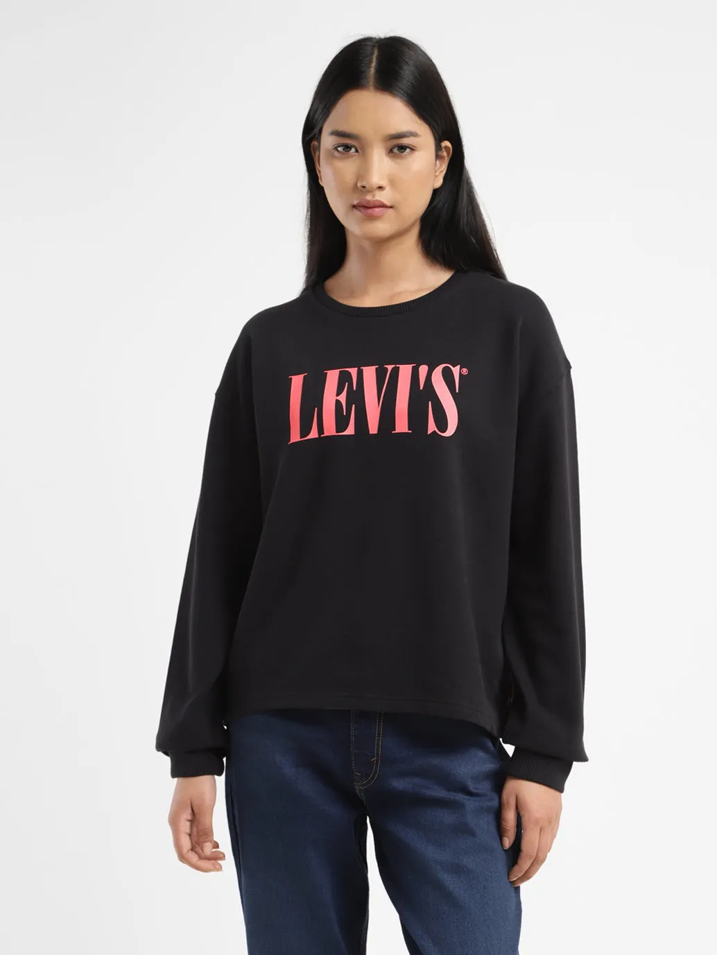 Women's Brand Logo Black Crew Neck Sweatshirt