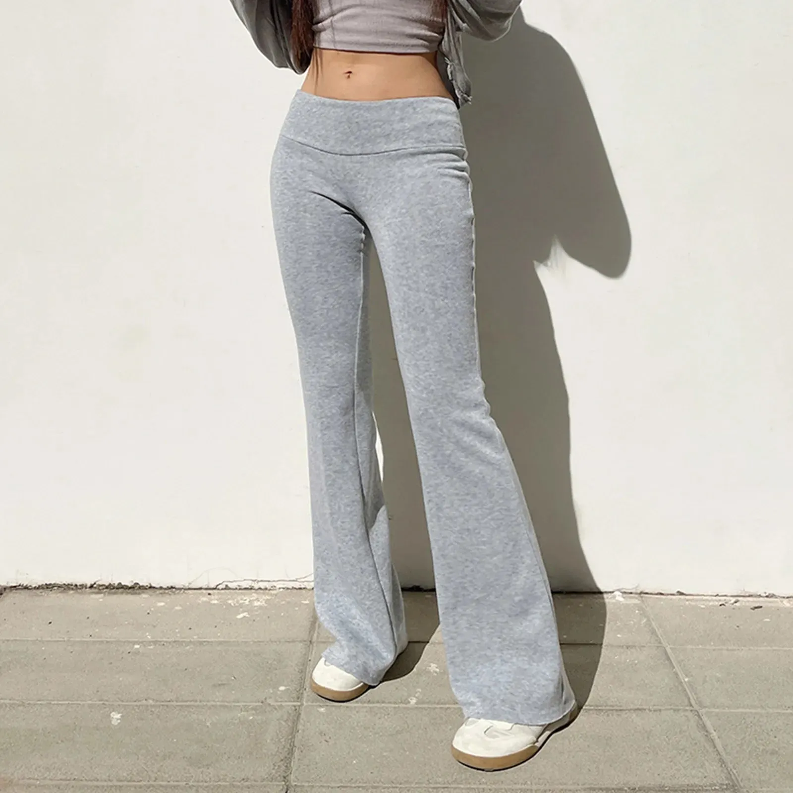 Womens Folding Yoga Long Pants Solid Color Wide Leg Fit