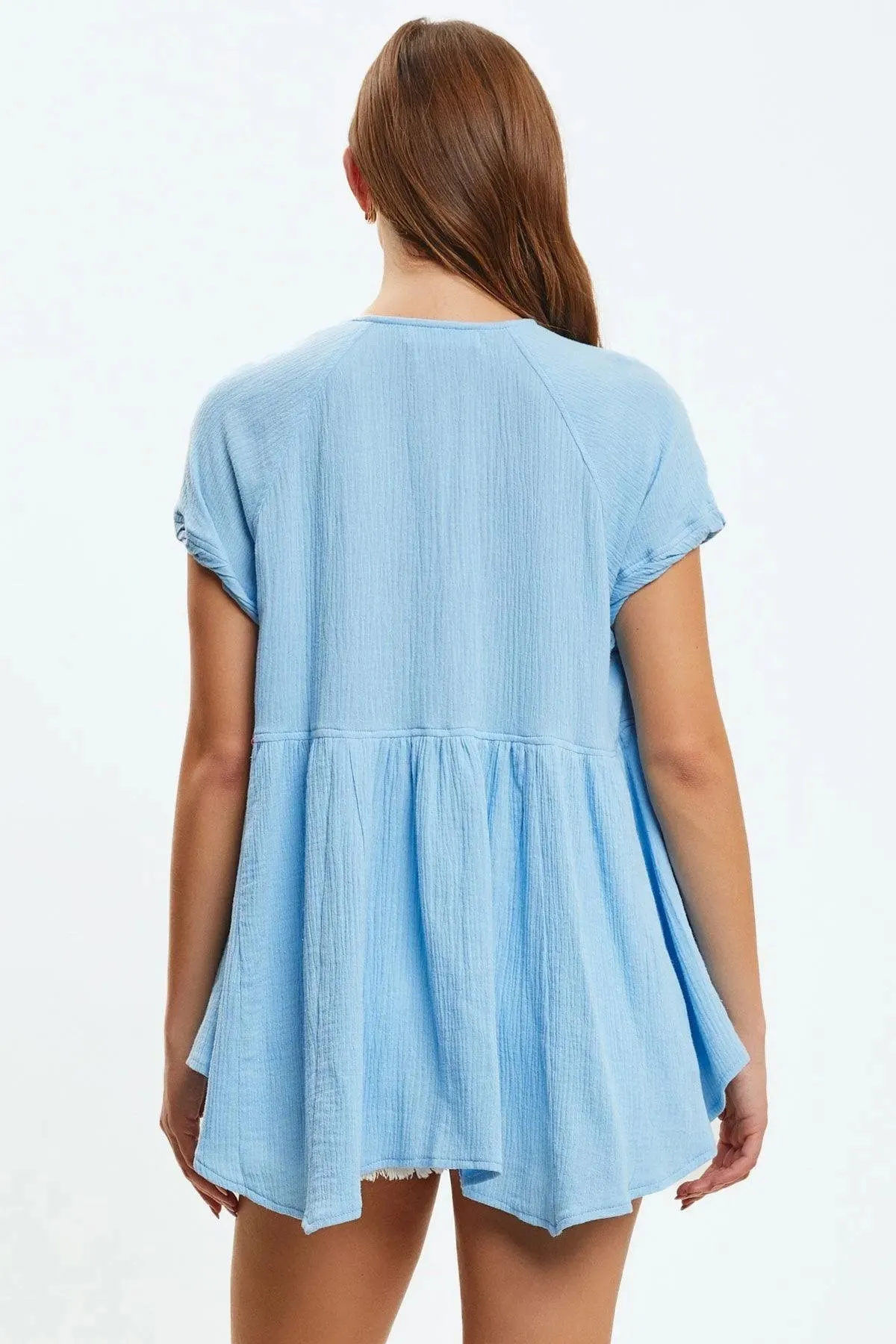 Woven V-Neck Front Button Flare Top