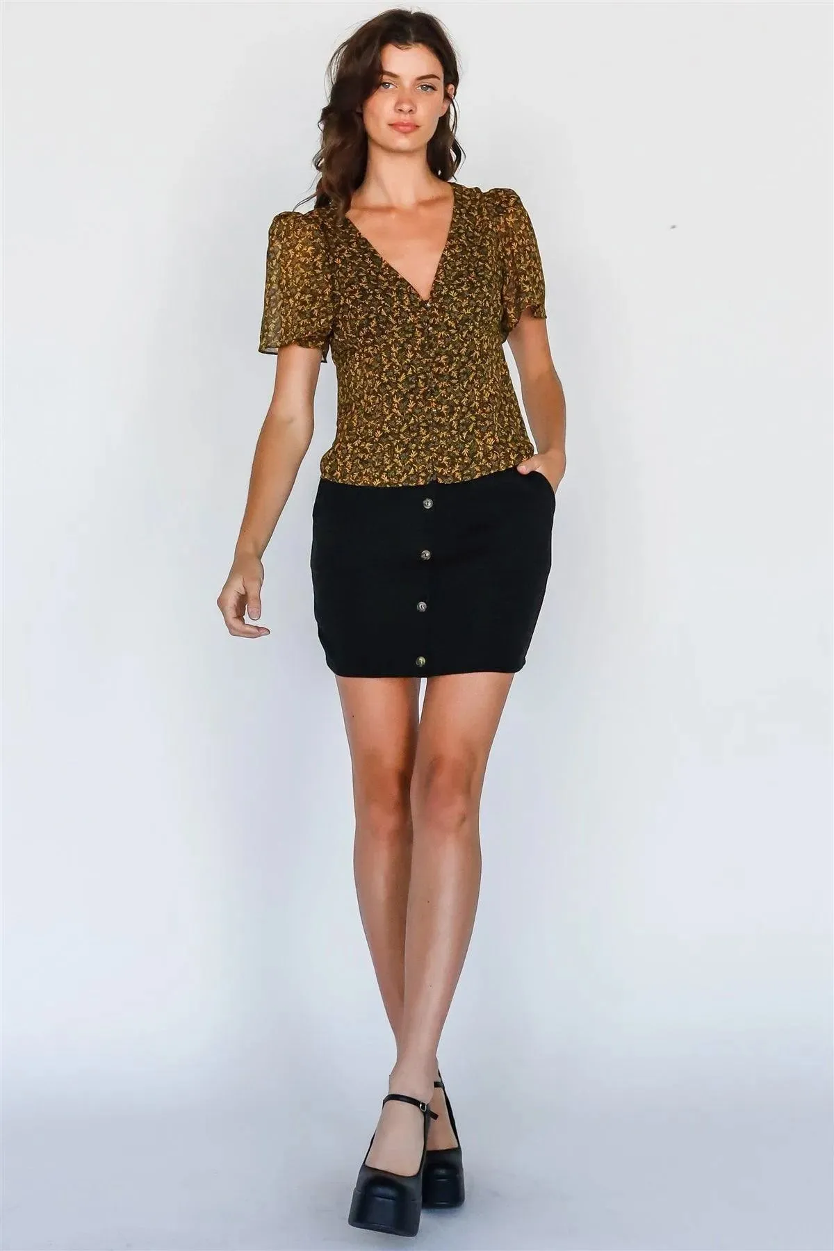 Yellow Multi Floral Print Button-Up V-Neck Top